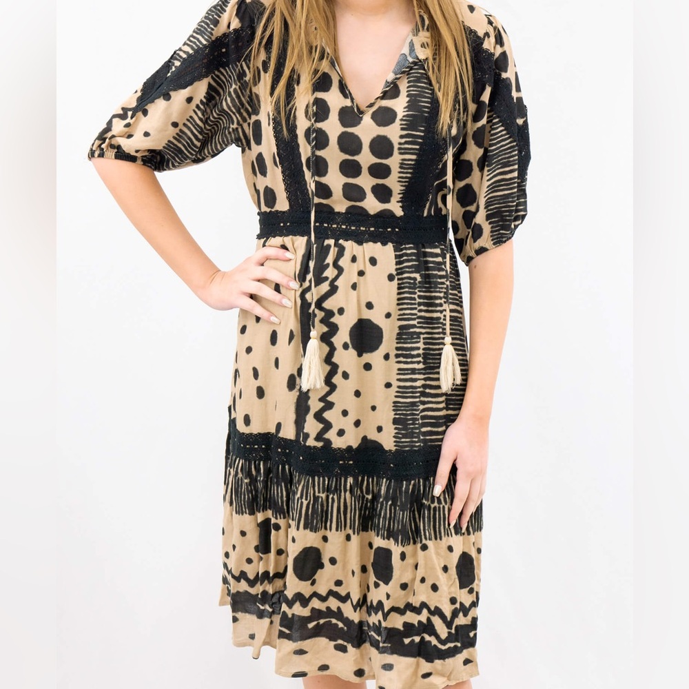 THML Beige and Black Patterned Midi Dress